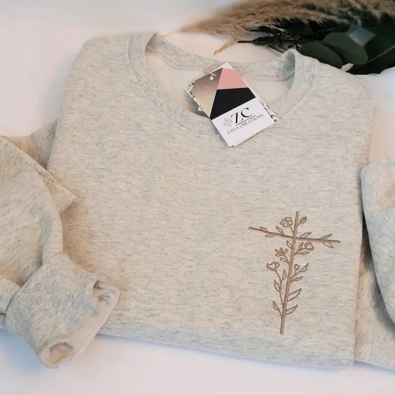 Embroidered Floral Cross Sweatshirt Christian Crewneck Faith Sweatshirt Christian Apparel Floral Cross Floral Embroidering Gift