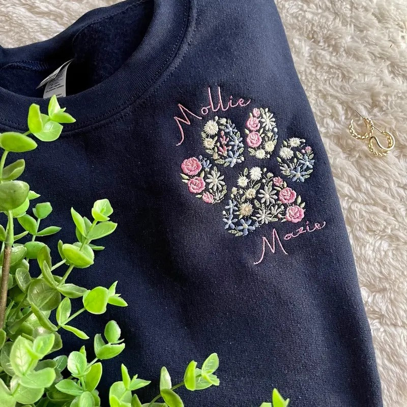 Embroidered Floral Paw Print Sweatshirt - Personalizable T-Shirts, Hoodie | DripVista.com