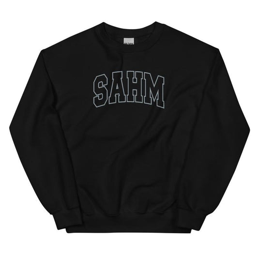 Embroidered Grey Thread SAHM Varsity Sweatshirt - Sweatshirt Unisex Apparel Relaxed Fit Printed in the USA Clothing Womenswear Casual and Comfortable