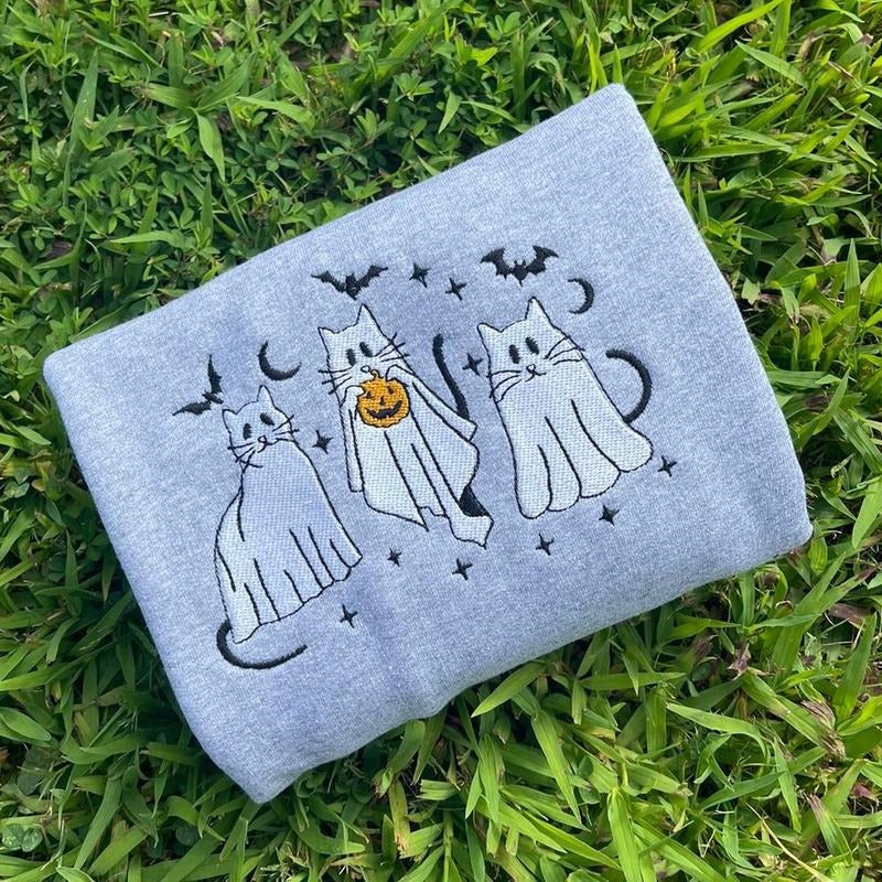 Embroidered Halloween Cat Crewneck T-Shirts, Hoodie, Sweatshirt | DripVista.com