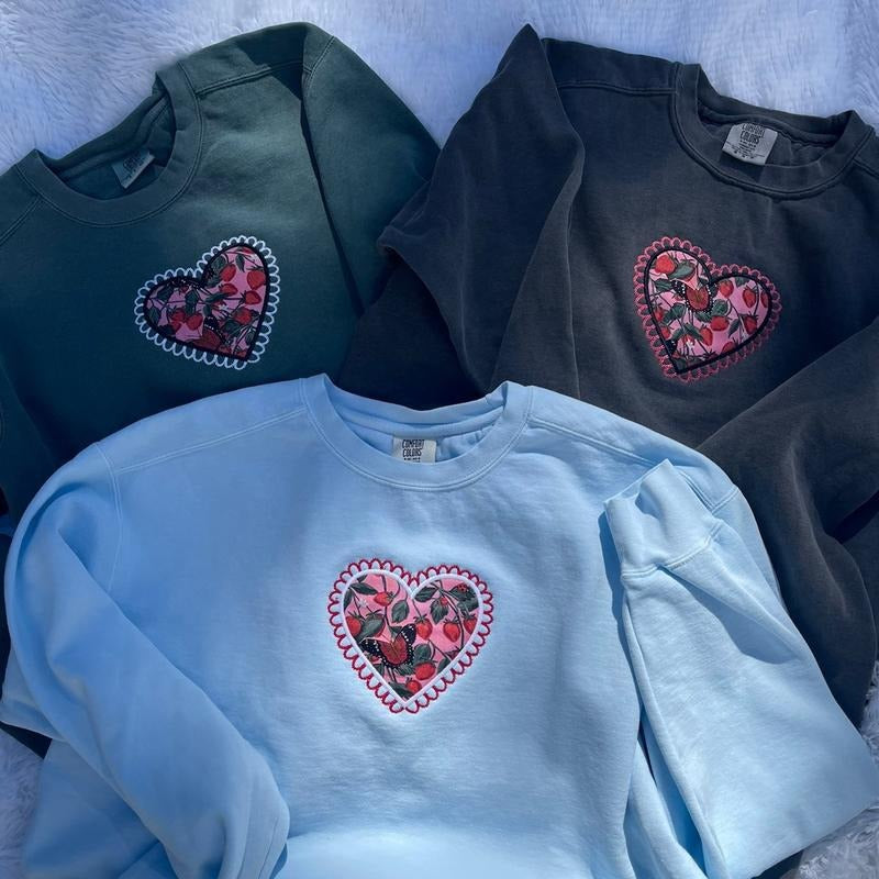 Embroidered Heart Sweatshirt, Scalloped Cute Sweatshirt, Coquette Sweatshirt T-Shirts, Hoodie | DripVista.com