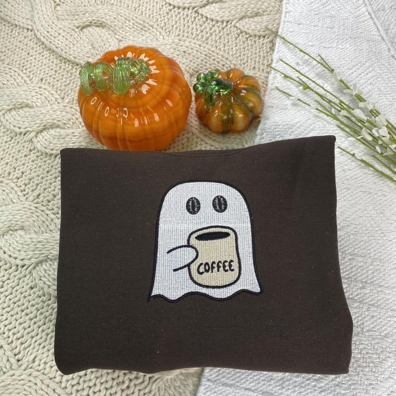 Embroidered Little Ghost Coffee Crewneck Sweatshirt - Spooky Season Crewneck - Coffee Lovers T-Shirts, Hoodie | DripVista.com