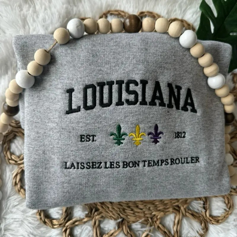 Embroidered Louisiana Sweatshirt, Mardi Gras Pullover, Louisiana Crewneck T-Shirts, Hoodie | DripVista.com