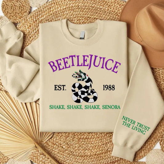 Embroidered Never Trust The Living Sweatshirt, BeetleJuice Halloween Embroidery Sweatshirt