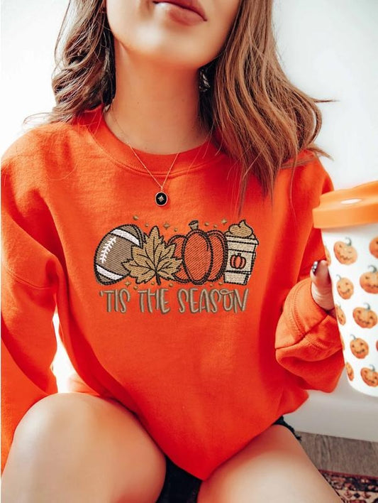 Embroidered Pumpkin Spice Latte Shirt, Tis The Season Shirt, Embroidered Fall Shirt, Touchdown Fall Sweatshirt, Embroidered Thanksgiving Tee, Embroidered Pumpkin Shirt