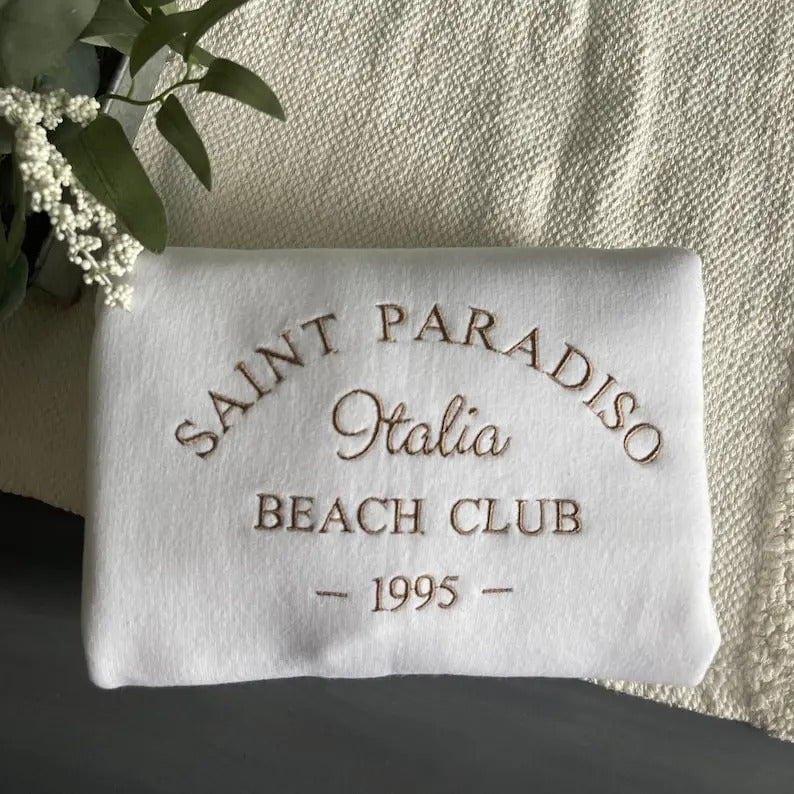 Embroidered Saint Paradiso Beach Club tshirt, Vacation Gift Ideas, Iconic style, Italy holiday, Italy Vacations Sweatshirt