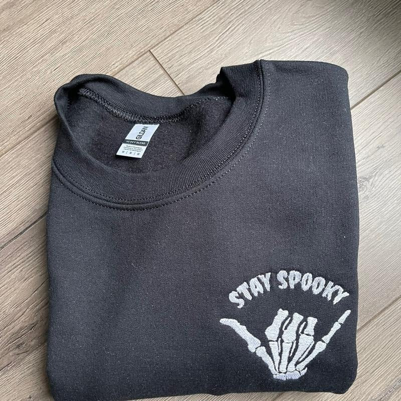Embroidered Spooky Rock On Sweatshirt, Halloween Sweatshit, Spooky Crewneck T-Shirts, Hoodie | DripVista.com