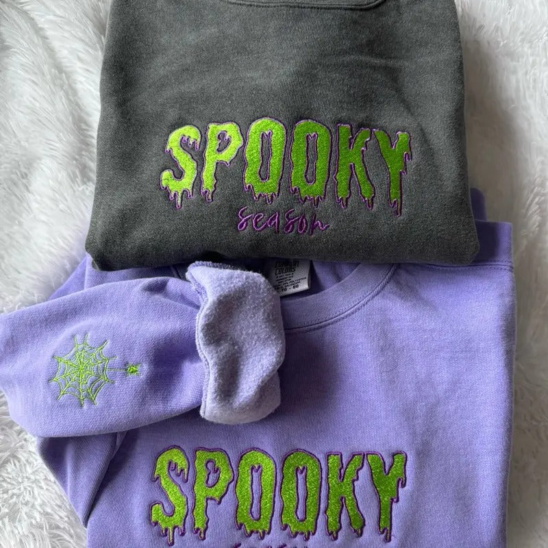 Embroidered Spooky Season LONG SLEEVE SHIRT, Halloween Shirt, Embroidered Sleeve Hoodie, Sweatshirt | DripVista.com