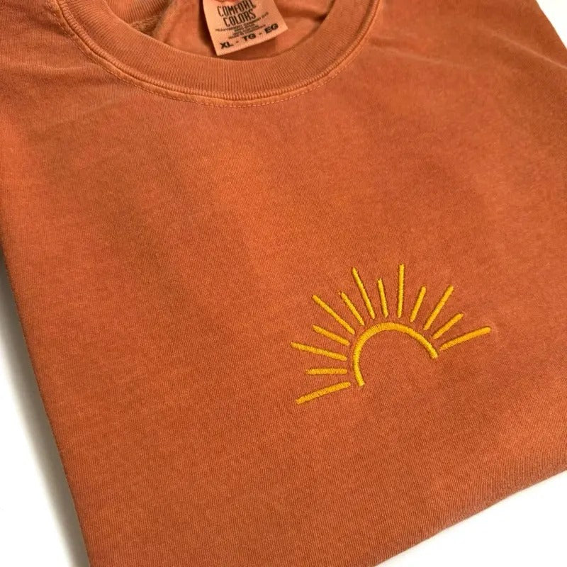 Embroidered Sun Tshirt, Embroidered Sunshine tshirt, Embroidered Summer Tshirt, Embroidered Trendy Sunrise Top Hoodie,...