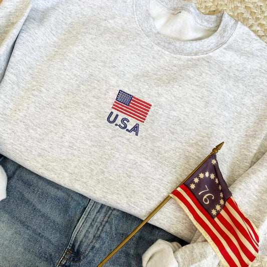 Embroidered USA Flag Sweatshirt, Embroidery American Flag T-Shirt, Tiny USA Flag Shirt, Patriotic Shirt, Gift For Fourth Of July