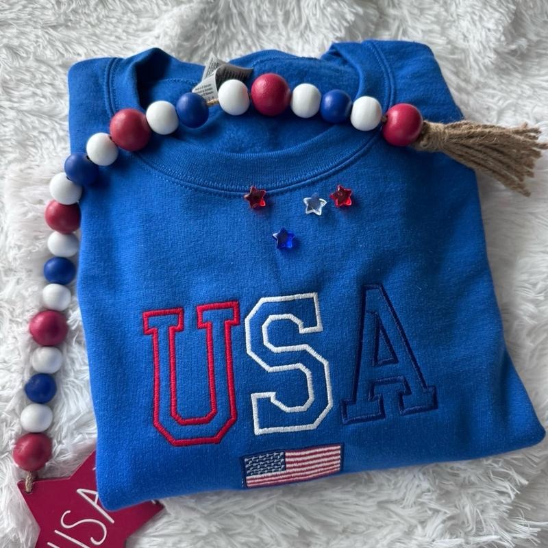 Embroidered USA Sweatshirt, July 4th Sweatshirt, Patriotic Sweatshirt T-Shirts, Hoodie | DripVista.com