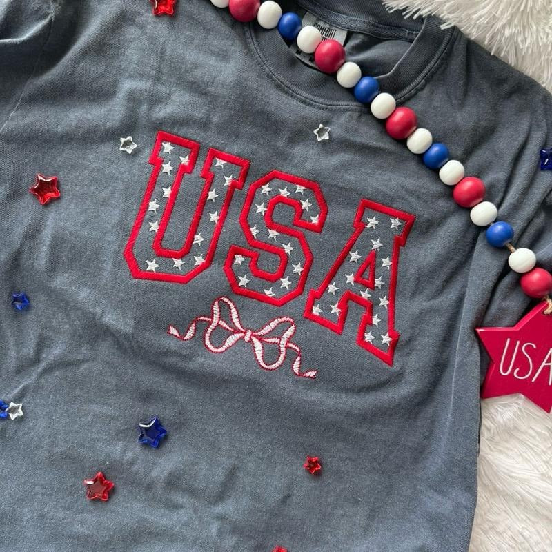 Embroidered USA Tshirt, Coquette Tshirt, Cute Bow Tshirt Hoodie, Sweatshirt | DripVista.com