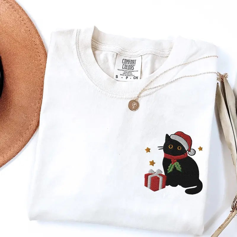 Embroidered Xmas Black Cat tshirt, Christmas comfort colors shirt, Holiday Cat crewneck for Women, Funny gift for cat...