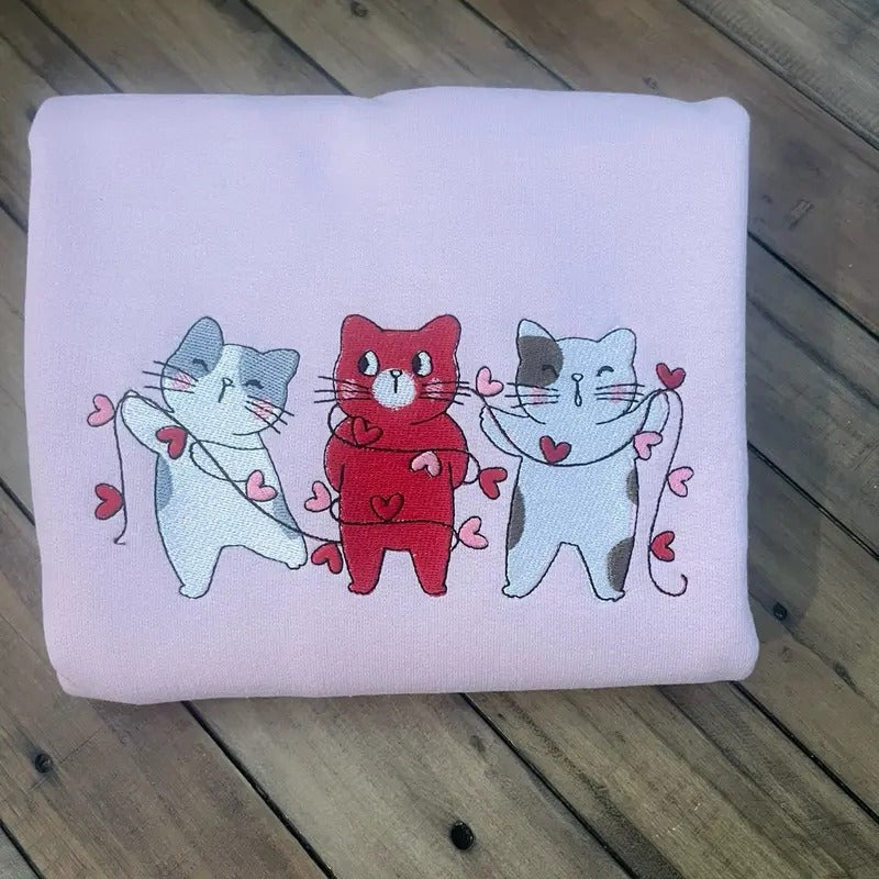 Embroidered valentines kitty sweatshirt or tshirt Hoodie | DripVista.com