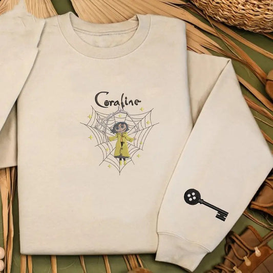 Embroidery Coraline doll in Spider's web T-Shirt, Horror Coraline movies, Horror Character Shirt, Halloween Crewneck Sweatshirt