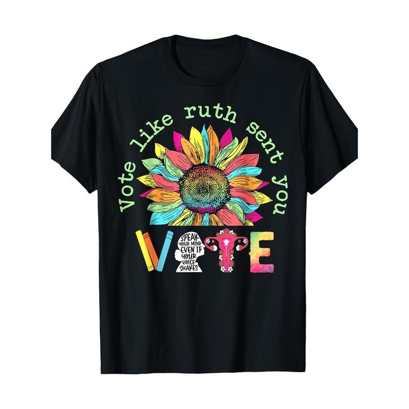 Empowering Floral Sunflower & Feminist Icon Inspired Graphic Tee - Crew Neck, Regular Fit, Short Sleeve, 100% Cotton, Digital Heat Transfer, Patterned Knit Fabric, All-Season Casual Wear Made in USA