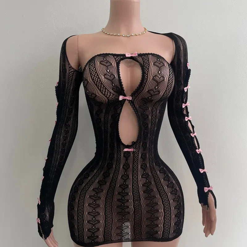 Enchantress Bow Detail Mesh Lingerie Dress - Casual Women's Wear, Ideal for Any Occasion - Womenswear