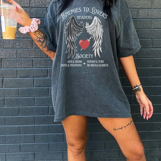 Enemies To Lovers Society t-Shirt, Bookish Shirt, Bookworm Dark Academia TShirt, Dark Romance Tshirt,Smut Reader Book Club Gift, Womenswear Shortsleeve Crewneck Cotton Casual Top Fit