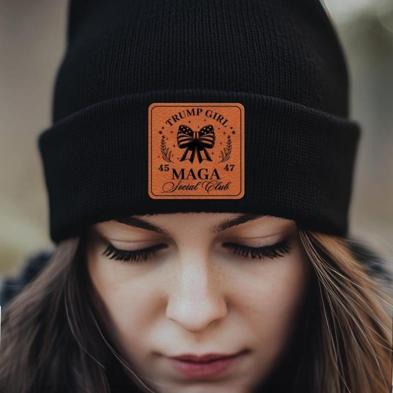 Engraved Donald Trump Beanie With Leather Patch, MAGA Social Club 2024 Winter Hat, Gift for Trump Supporters, Trump Girl...