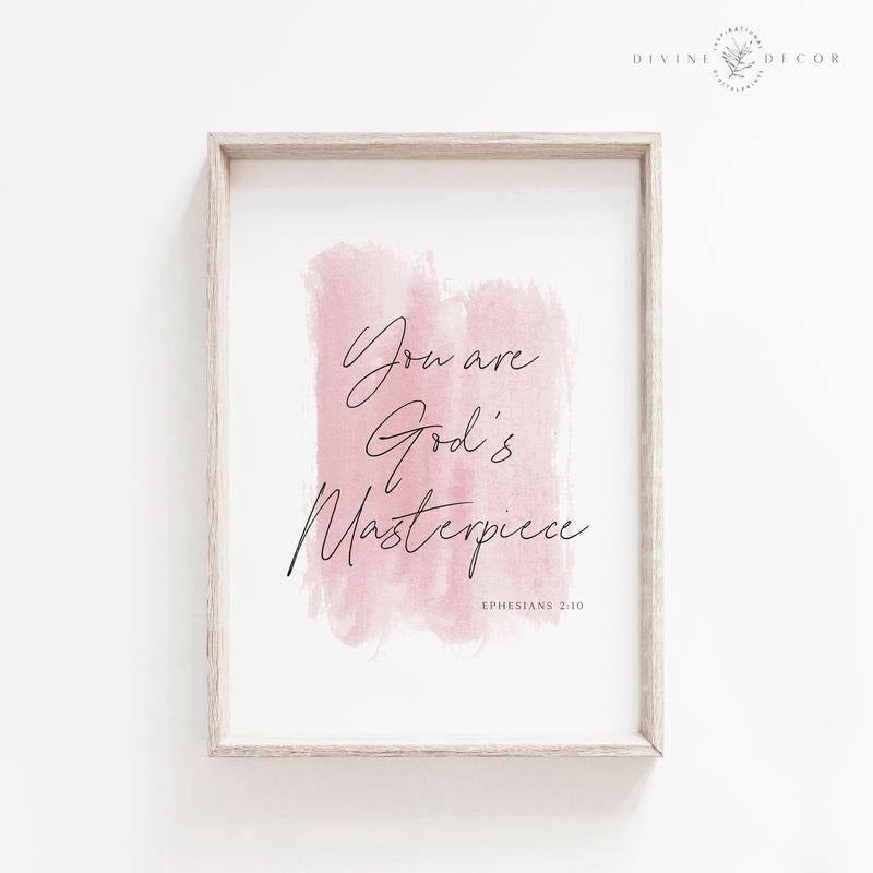 Ephesians 2:10 Wall Art, Christian Nursery Decor, Pink Girl Room, God's Masterpiece, Bible Verse Wall Print, Minimalist...