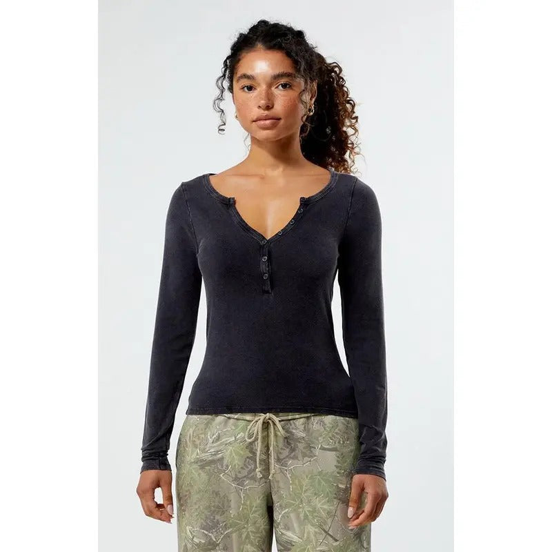 Est. PAC 1980 Women's Ashlee Washed Notched Henley Long Sleeve Top T-Shirts, Hoodie, Sweatshirt | DripVista.com