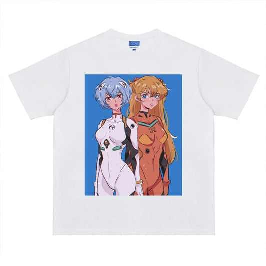 Eva "Rei & Asuka" Vintage Oversized Tee Anime T-shirt 100% Cotton Original Design Men's Top Streetwear Casual Menswear Tshirt