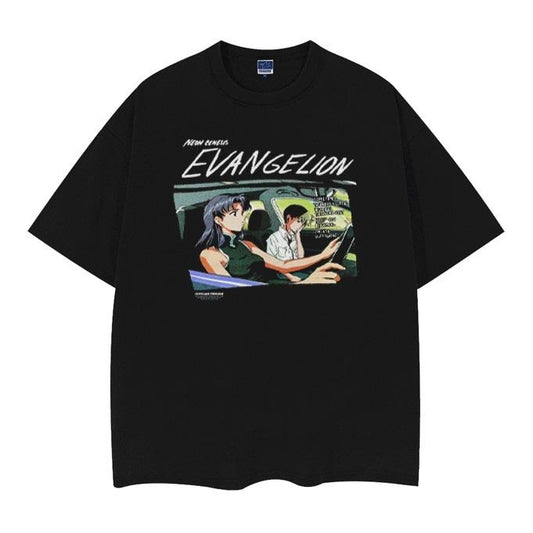 Evangelion "Shinji Ikari & Misato Katsuragi" Vintage Oversized Tee Anime T-shirt 100% Cotton Original Design Men's Top Streetwear Casual Baggy Crewneck Loose Tshirt