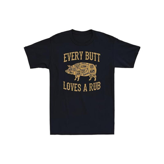 Every Butt Loves A Rub Funny Pig Pork BBQ Grill Novelty Vintage Men's T-Shirt Cotton Graphic Soft And Comfortable Round Neck - 220g made in usa