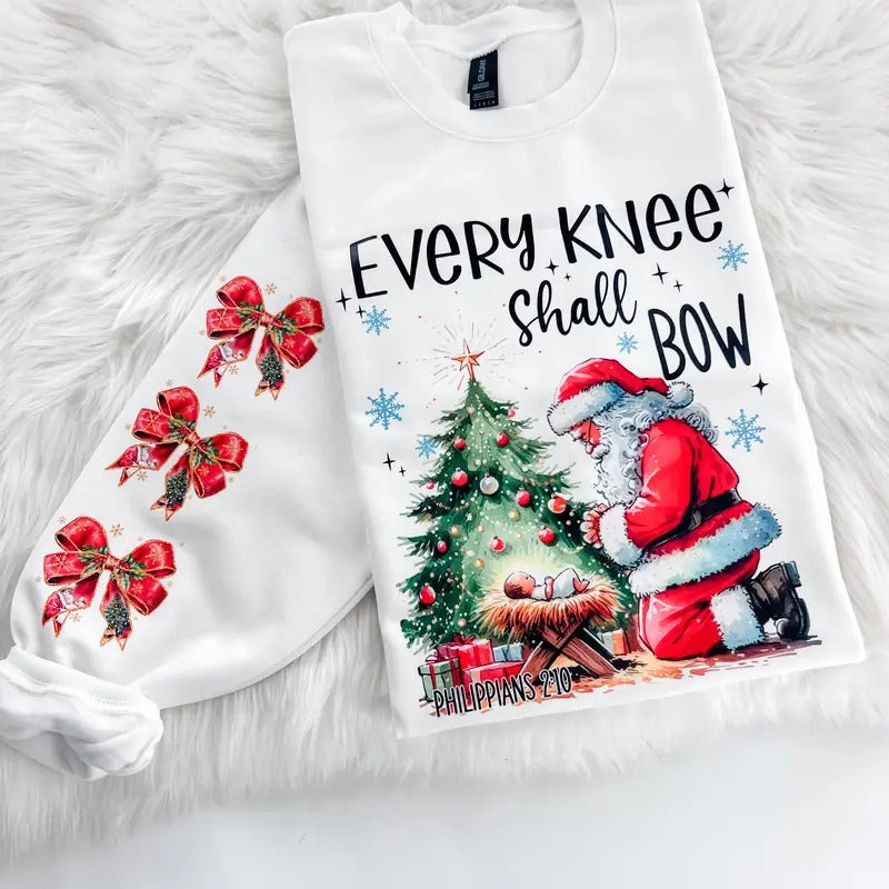 Every Knee Shall Bow Baby Jesus Santa Sweatshirt or Hoodie with sleeve print Comfy Sublimation Tops Menswear Unisex...