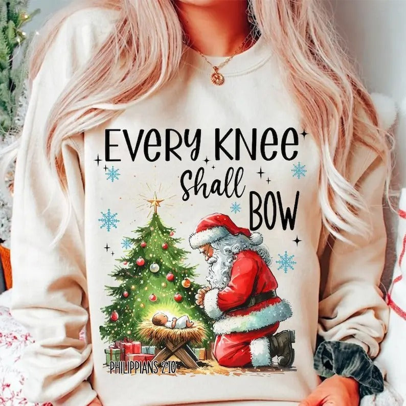 Every Knee Shall Bow Santa Sweatshirt, Nativity Scene Shirt, Santa Christmas Shirt, Kneeling Santa Shirt, Baby Jesus Shirt, For Men, For Women