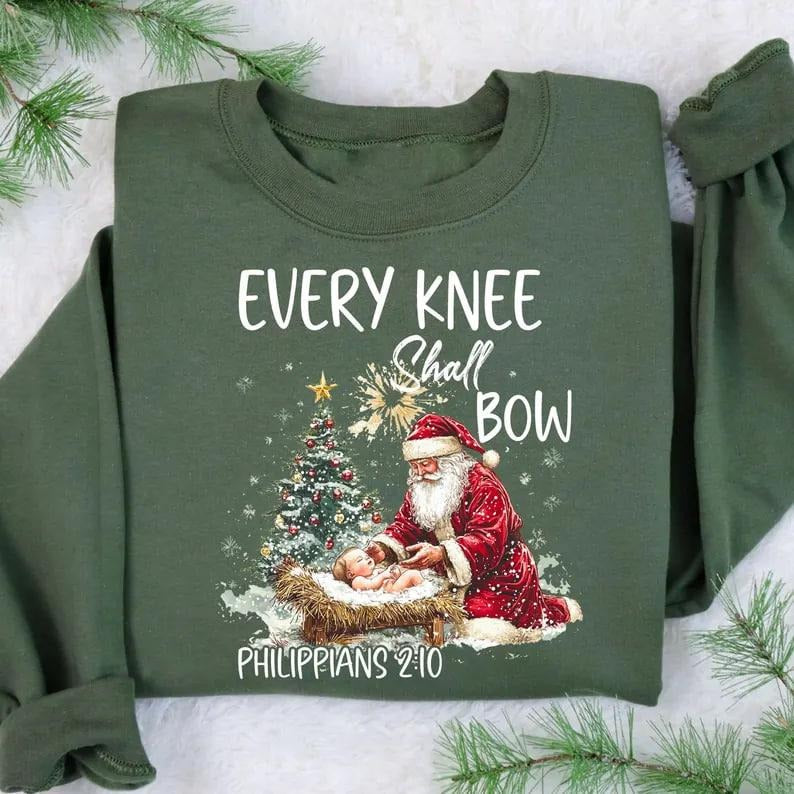 Every Knee Shall Bow Sweatshirt, Nativity Scene Sweater, Santa Claus Christmas Sweatshirt, Kneeling Santa Hoodie, Baby...