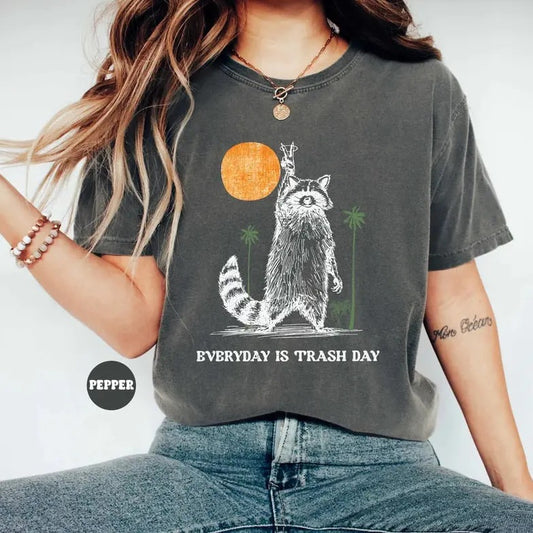 Everyday Is Trash Day Raccoon Comfort Colors Tee, Retro Sunset T Shirt, Cool Vintage Style Raccoon Shirt, Funny Gift, Rocker Oversized Shirt Tshirt