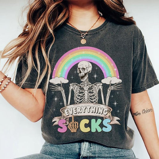 Everything Is Fine Sarcastic Shirt, Funny Mental Health Tee, Snarky Skeleton Unhinged Shirt, Adult Humor Unisex Comfy Fabric Oversized Graphic Tee, Women's Tops, Womenswear, Cotton Fabric Relaxed Fit Chic Style