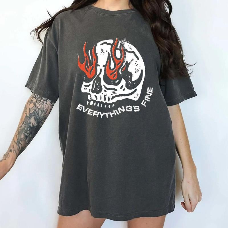 Everything Is Fine Skull Shirt, Fire Skull Tee, Rock n Roll Grunge Style, Skull Shirt, Women's Tops, Fall Casual Womenswear,Cotton Fabric Relaxed Fit Street Style