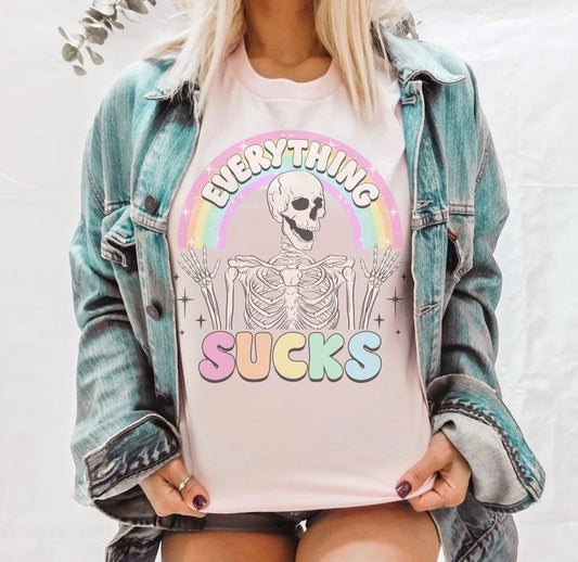 Everything Sucks T-Shirt Relatable Life Tshirt Funny Sarcastic Tee Soft Print Shirt Funny Relatable T-Shirt Sarcastic Life Tshirt Sublimation Print Tee Casual Comfortable Top Womenswear Fashion Graphic Streetwear