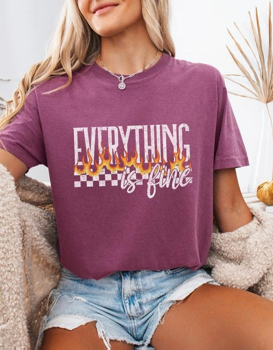 Everything is Fine Tee - Unisex Short Sleeve Crew Neck T-Shirt in 100% Ring-Spun Cotton for All Seasons - Loose Fit, Machine Washable, USA Made - Fabric Womenswear Comfortable