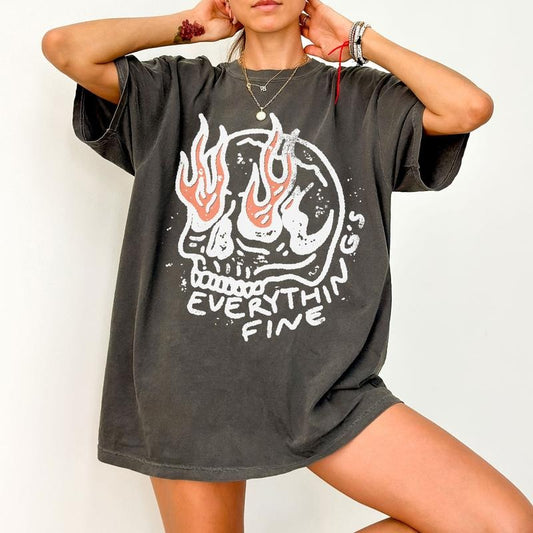 Everythings Fine Skeleton Comfort Color Shirt, Retro Rockn Roll Skeleton Shirt, Sarcastic Halloween Shirt, 90s Grunge TShirt, Gothic Skull Tee