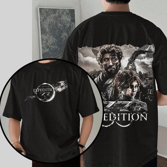 Expedition 33 Clair Obscur Inspired Double-Sided T-shirt, Turn-Based RPG Fan Art, Futuristic Anime Combat Hoodie