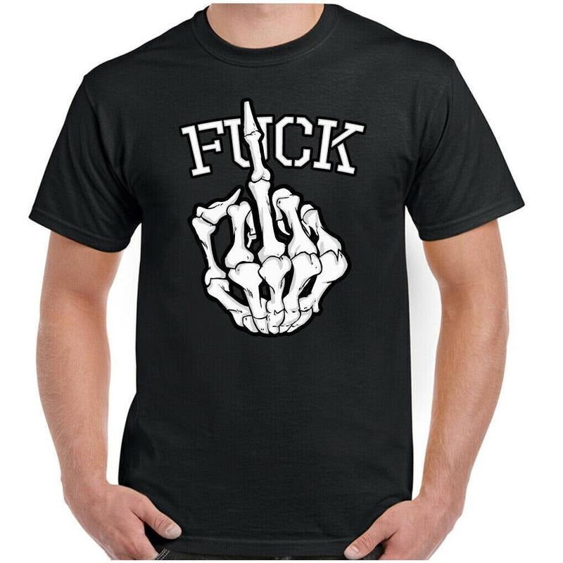F Hand Mens Funny Skeleton Finger Flip T-Shirt Biker Punk Rock Skull Tattoo Top Made in USA