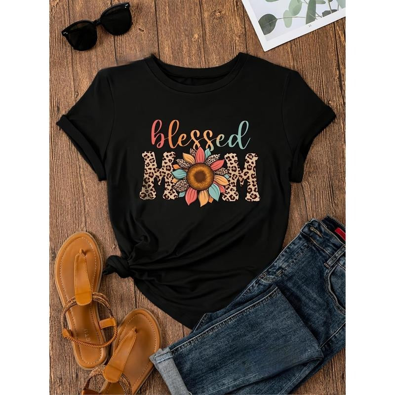 FOG stretch "Blessing Mom" graphic T-shirt - Women'WB shield casual short-sleeved T-shirt, machine washable, comfortable...