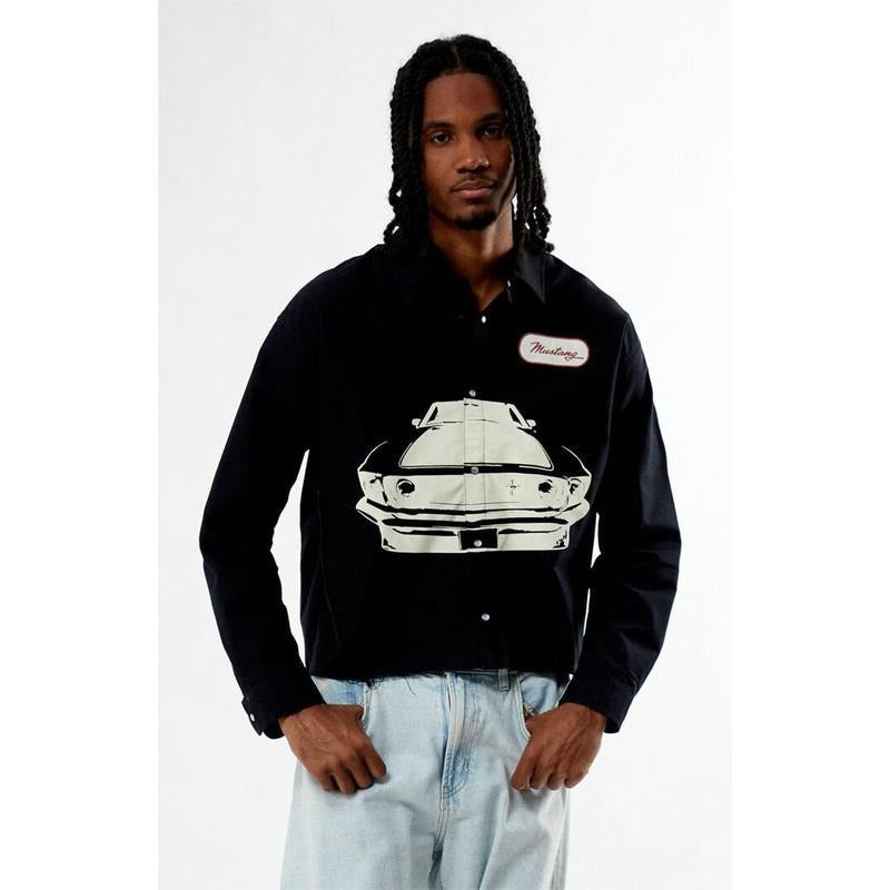 FORD Men's Mustang Button Down Long Sleeve Cropped Shirt Hoodie, Sweatshirt | DripVista.com