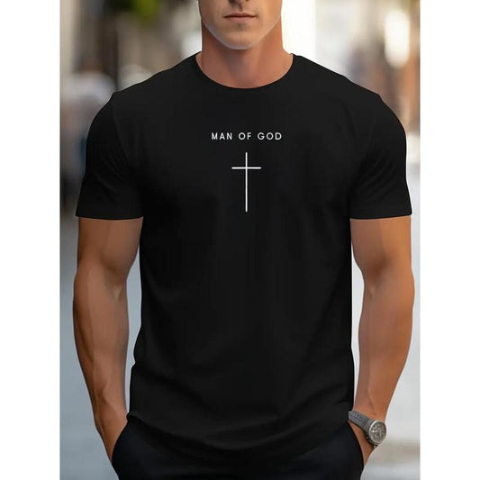 [Faith Inspired T-Shirt] Soft Cotton Men's 'for Man of God' Black T-Shirt - Breathable & Durable, Faith-Inspired Cross Print, Crew Neck, Short Sleeve, Casual Daily Wear Made in USA