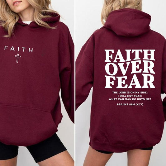 Faith Over Fear Christian Hoodie Casual Street Style Fleece Pullover Hooded Sweatshirt Tops Trendy for Unisex, Perfect Gift