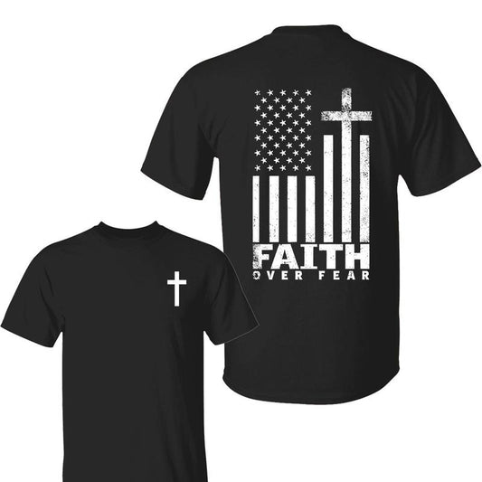 Faith Over Fear Shirt,  American Flag Cross Graphic With Bold Christian Message , For Believers And Patriots , Short Sleeve Tee , For Men, For Women