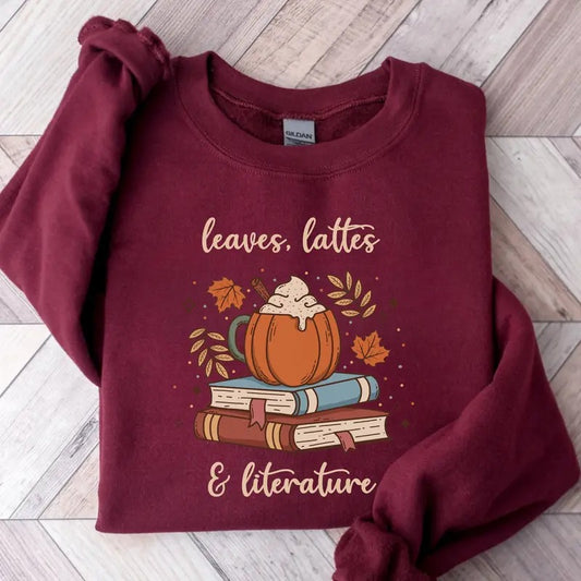 Fall Book Sweatshirt Leaves Latte Literature Sweater Bookish Sweatshirt Teacher Reading Crewneck Librarian Book Nerd Autumn Book Sweatshirt