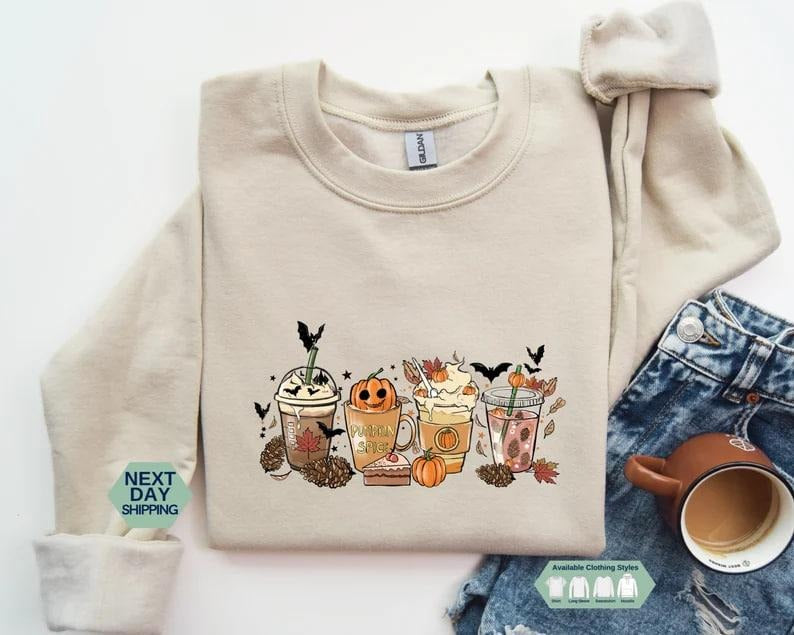 Fall Coffee Pumpkin Shirt, Coffee Halloween Shirt, Coffee Latte Sweatshirt, Fall Shirt, Retro Halloween Shirt, Pumpkin...