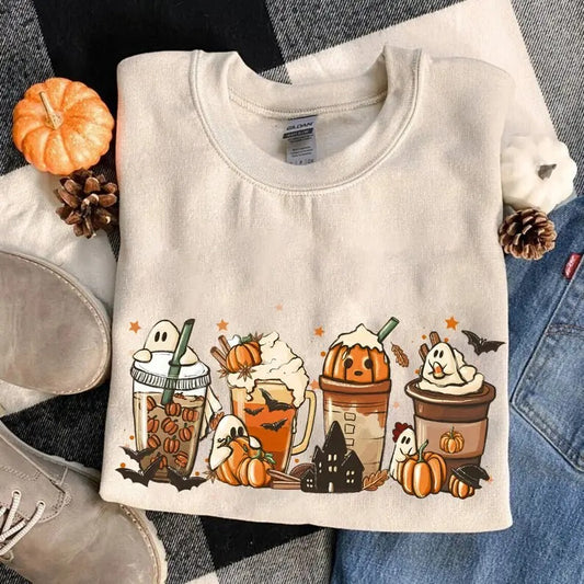 Fall Coffee Shirt, Fall Coffee Sweatshirt, Pumpkin Spice Shirt, Halloween Latte Shirt, Cute Fall Sweatshirt, Spooky Season Sweatshirt Menswear Hoodie Tops Pullover