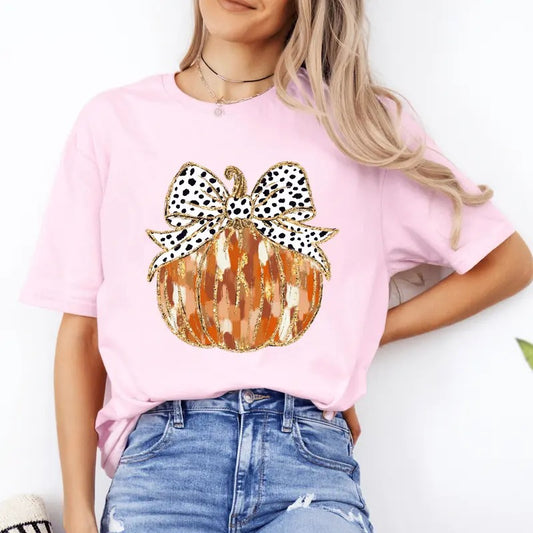 Fall Coquette Glitter Pumpkin Shirt. Casual Fall Softstyle Unisex T-Shirt. Cute Graphic Tee