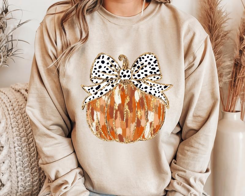 Fall Coquette Glitter Pumpkin Sweatshirt.  Casual Everyday Softstyle Thanksgiving Unisex Pullover Crewneck Sweatshirt.