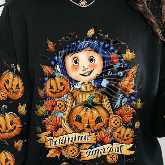 Fall Halloween Carline The Fall Never Seemed So Fall, Coraline Tee, Button Eyes shirt, Dreaming of Coraline, Coraline famous horror movie Sweater, Halloween Horror Character Shirt, Halloween Crewneck gift for girlfriends, Coral.inee Cat T-Shirt